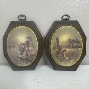 Vintage Handmade Beaded Glass Wooden Plaque Farm Design-5" X 6" Set Of 2